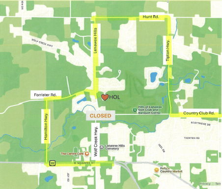Map showing detour routes to Hospice of Lenawee